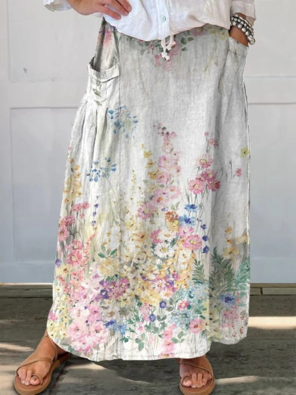 Mella | Retro Elegant Floral Art Elastic waistband Pocket Skirt — view 3