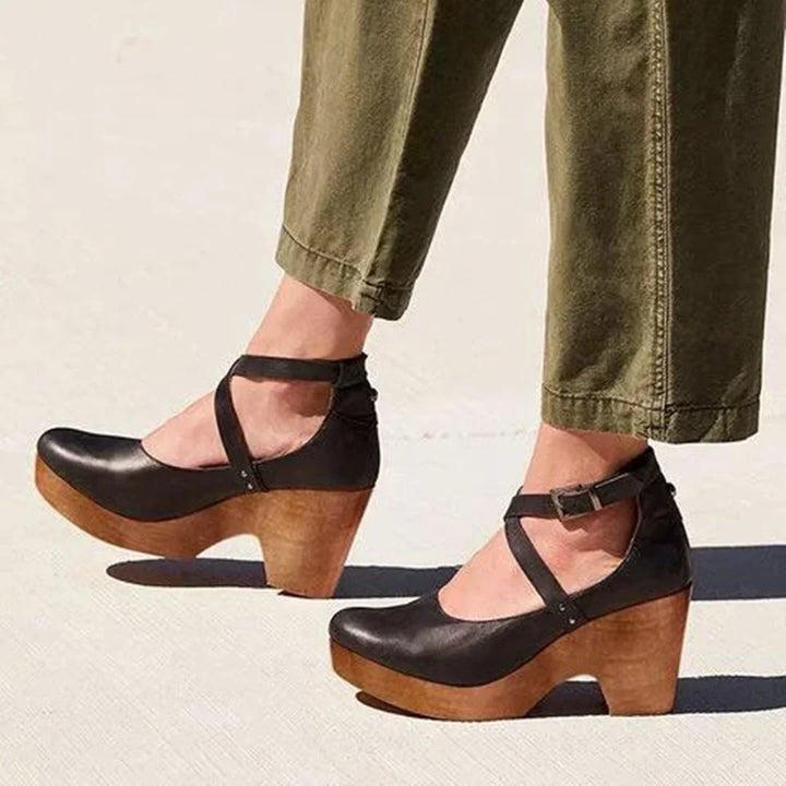 Yara | Black Wooden Wedge Mary Jane Shoes