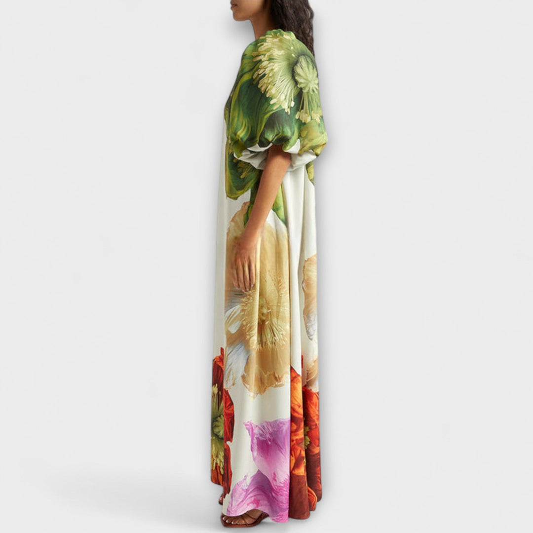Skylar | Floral Print Maxi Dress, Asymmetrical Neckline and Balloon Sleeves