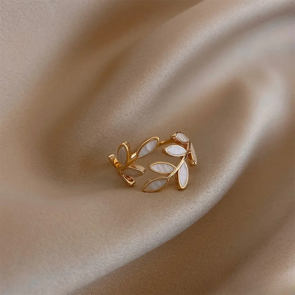 Odette | Adjustable Gold-Tone Ring with White Opal Leaf