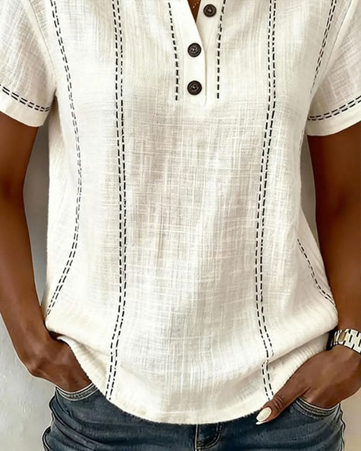 Linda | Casual Button V-Neck Tee — view 3