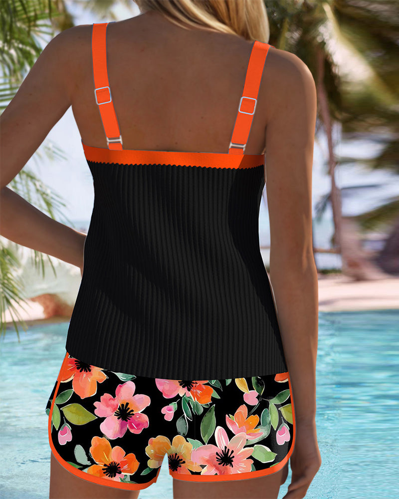 Matilda | Orange Print Two Piece Beach Tankini Pants — view 2