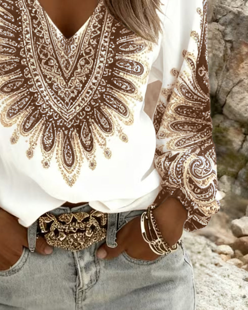 Karen | V-Neck Retro Print Top — view 8