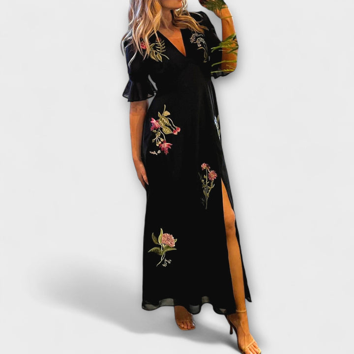 Béatrice | Elegant Navy Blue Dresses with Floral Embroidery
