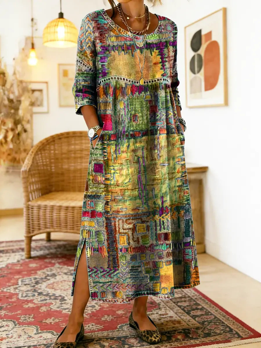 Manuela | Printed Dress with Ethnic Patchwork — view 7