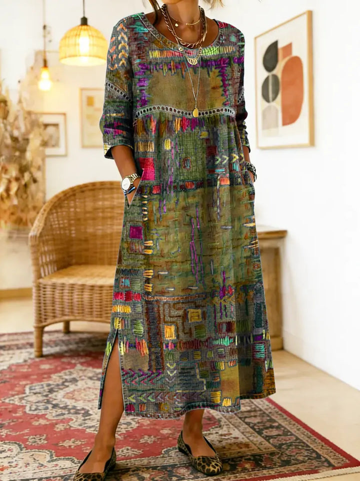 Manuela | Printed Dress with Ethnic Patchwork — view 11