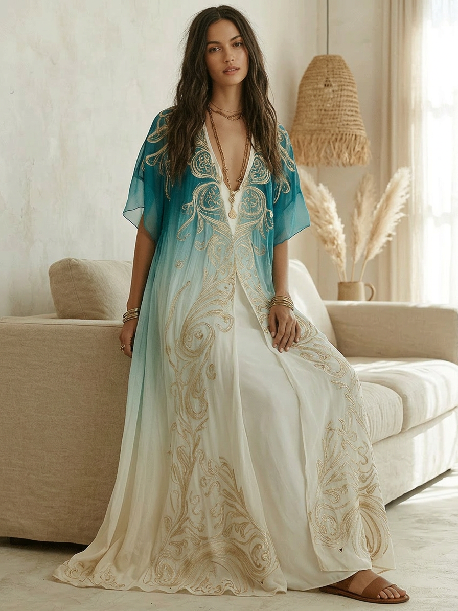 Piper | Aqua Ombre Kaftan Maxi Dress — view 3