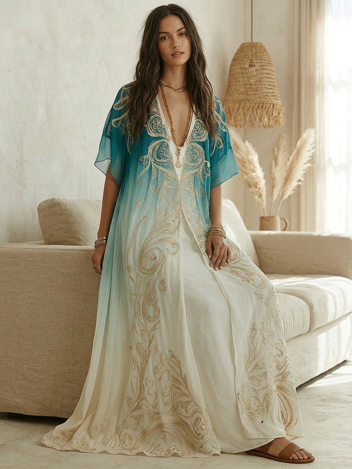 Piper | Aqua Ombre Kaftan Maxi Dress — view 3