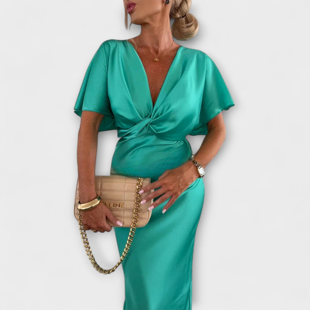 Sable | Maxi dress with V-neck and solid satin crossover knot