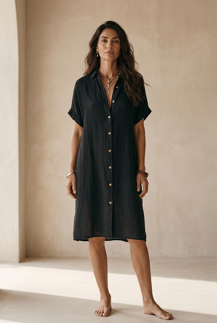 Georgie | Black Linen Relaxed Midi Dress — view 2