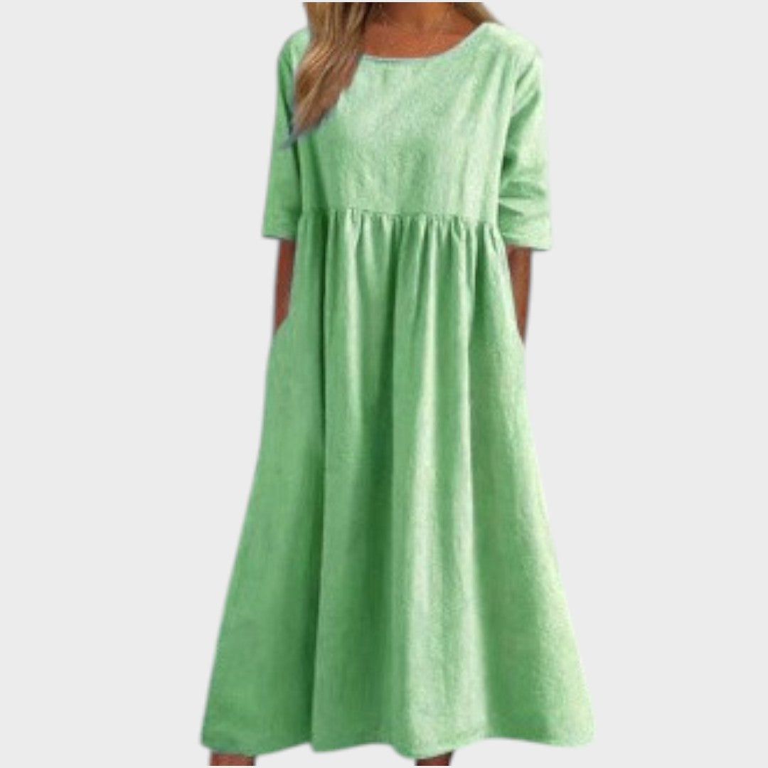 Lucia | Cotton Dress with Round Neck and Waist Detail