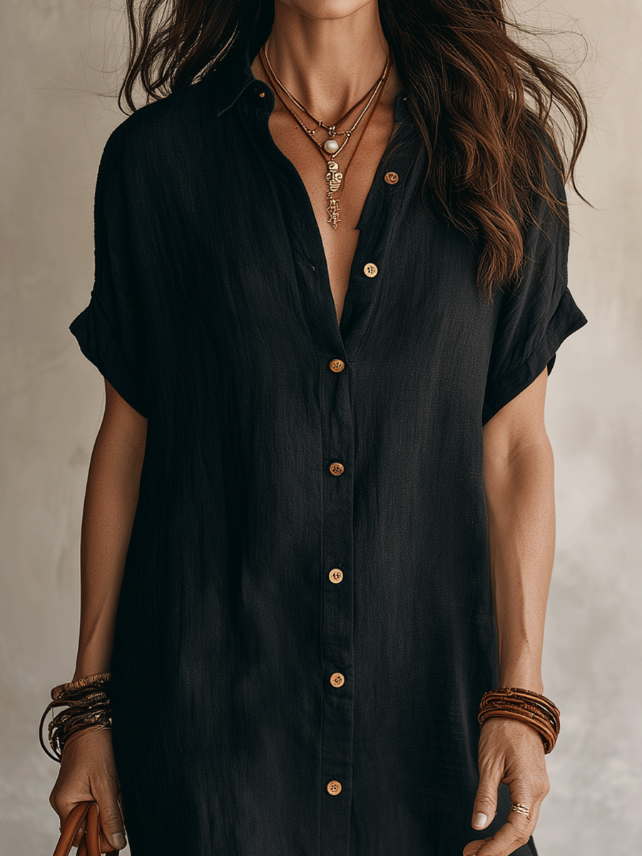 Georgie | Black Linen Relaxed Midi Dress — view 11