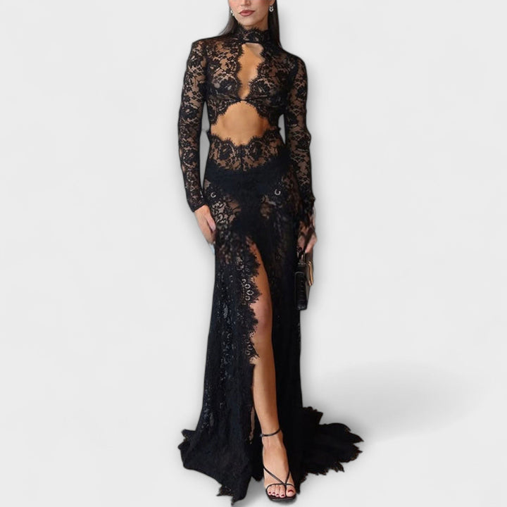 Azalea | Midnight Elegance Long Maxi Dress with Sheer Lace Sleeves