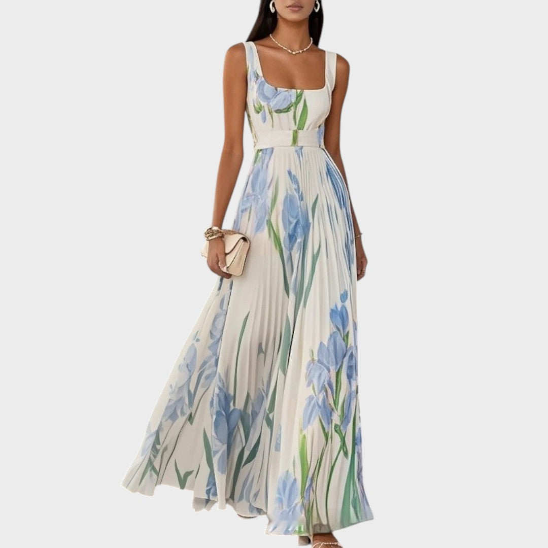Luxe | Long Pleated Dress with Square Neckline and Chiffon Flowers