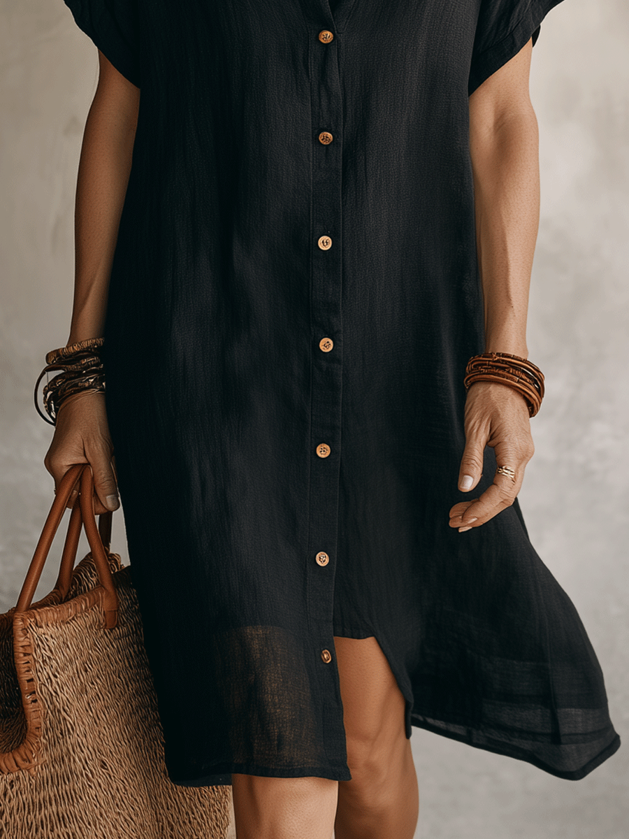 Georgie | Black Linen Relaxed Midi Dress — view 12