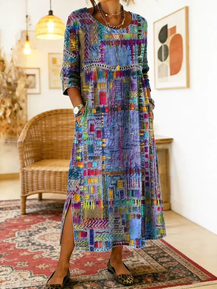Manuela | Printed Dress with Ethnic Patchwork — view 2