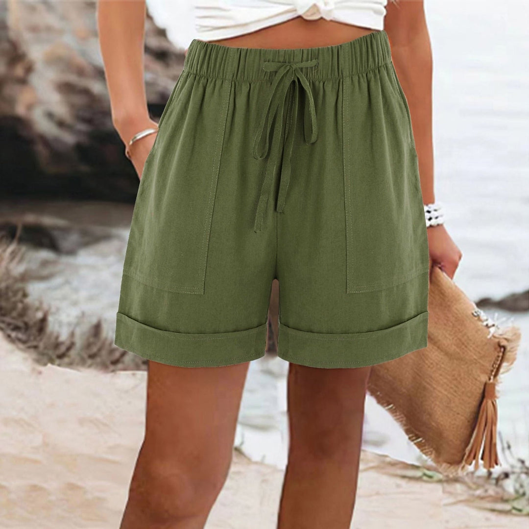 Amantine | Green Lace Cotton Linen-Look Vacation Shorts