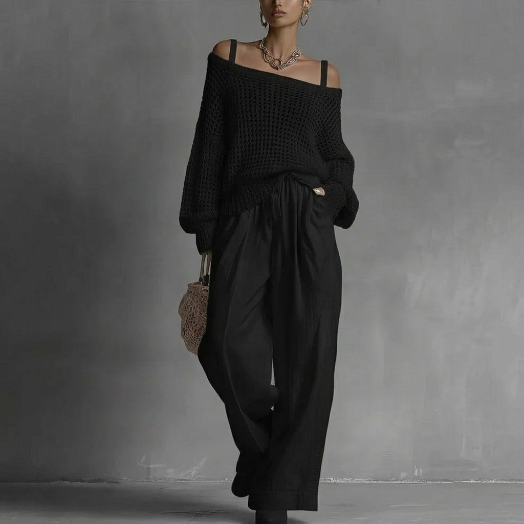 Corinne | Slate Blue Print Off-Shoulder Knit Set