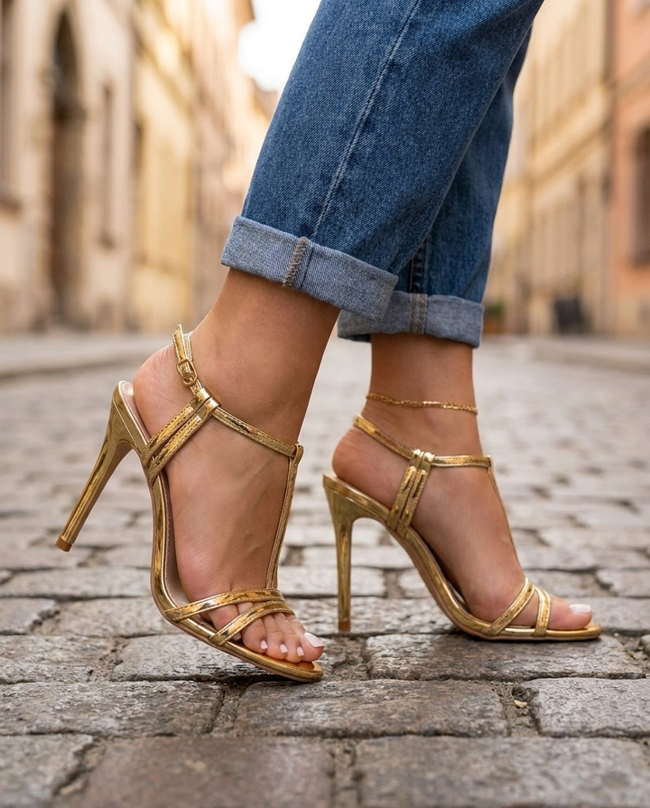Vivienne | Gold Metallic T-Strap Stiletto Heels — view 3