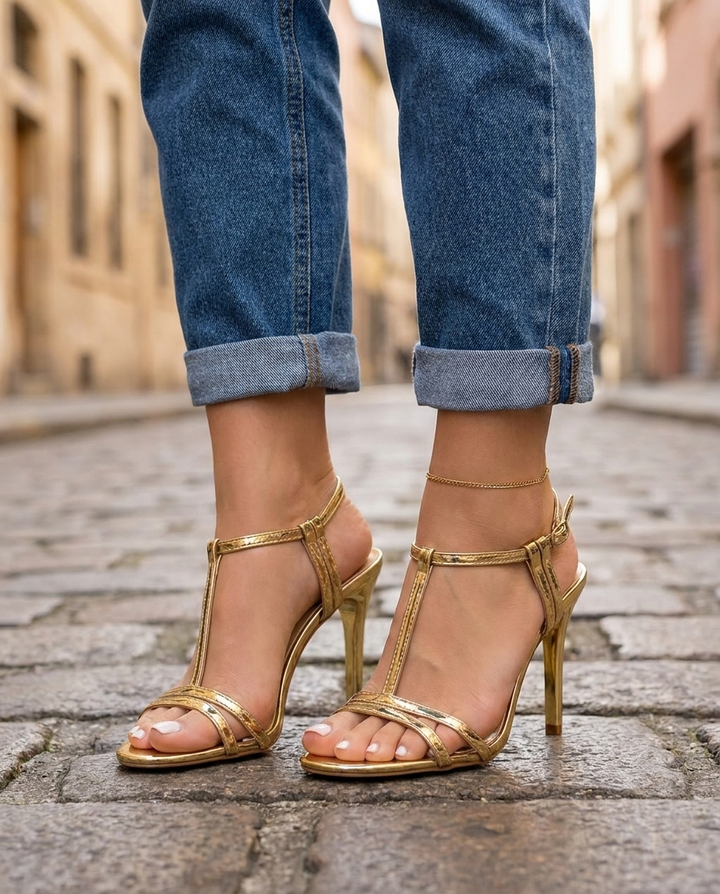 Vivienne | Gold Metallic T-Strap Stiletto Heels — view 2