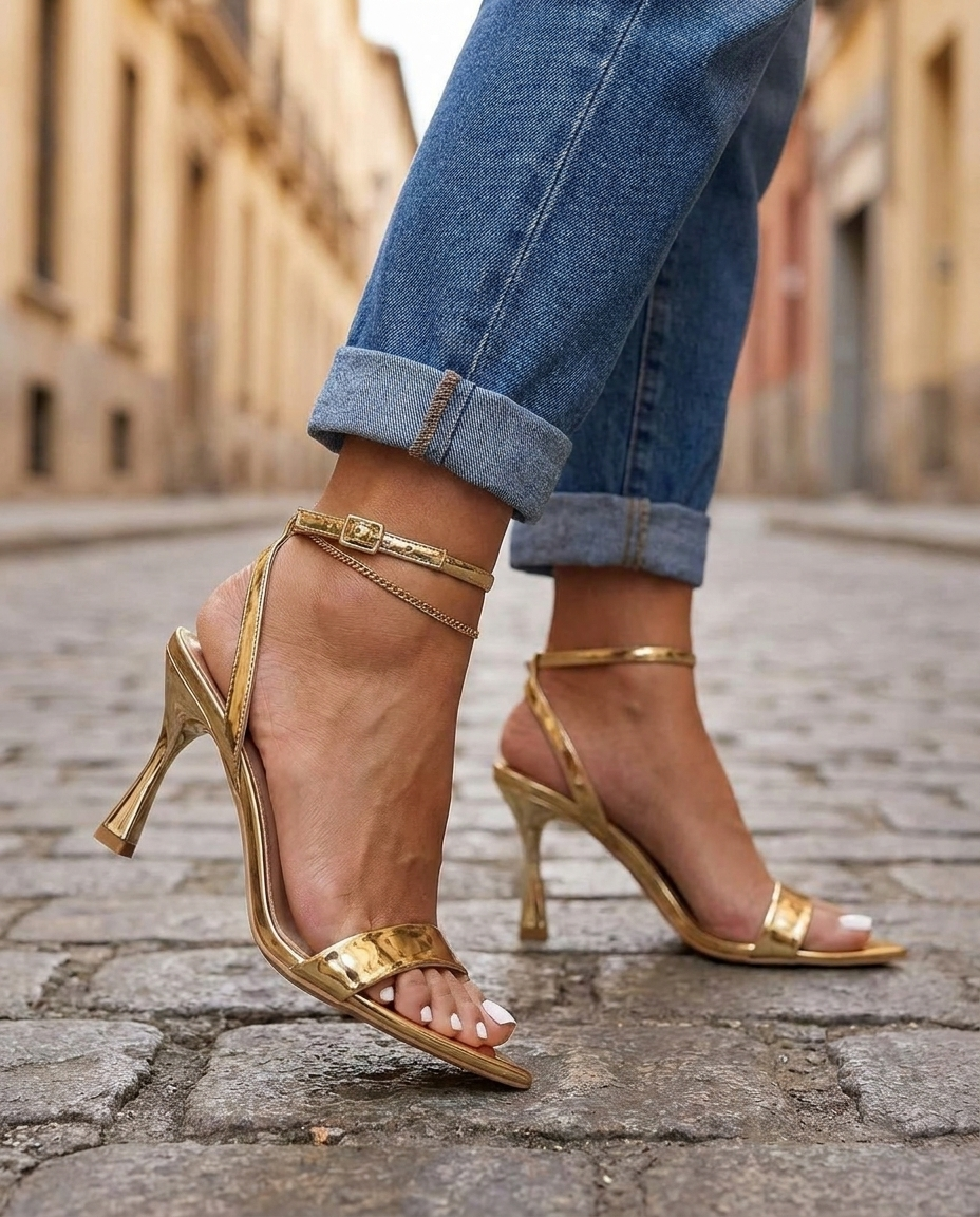 Valentina | Gold Metallic Single Strap Heels — view 3