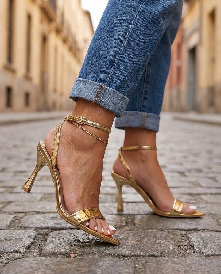 Valentina | Gold Metallic Single Strap Heels — view 3
