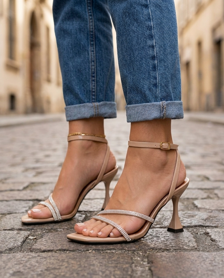 Diana | Nude Ankle Strap Square Toe Heels — view 2