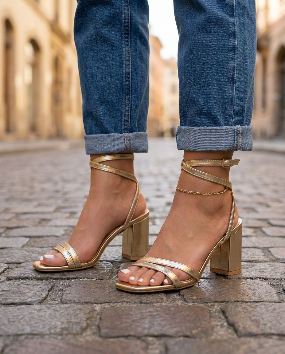 Sofia | Gold Metallic Block Heel Sandals — view 2