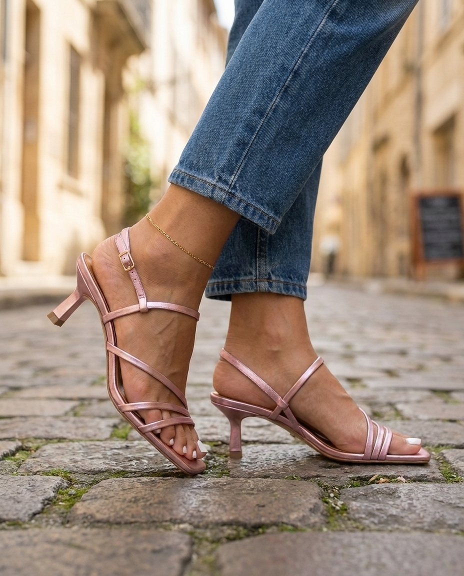 Rosé | Pink Metallic Strappy Kitten Heels — view 3