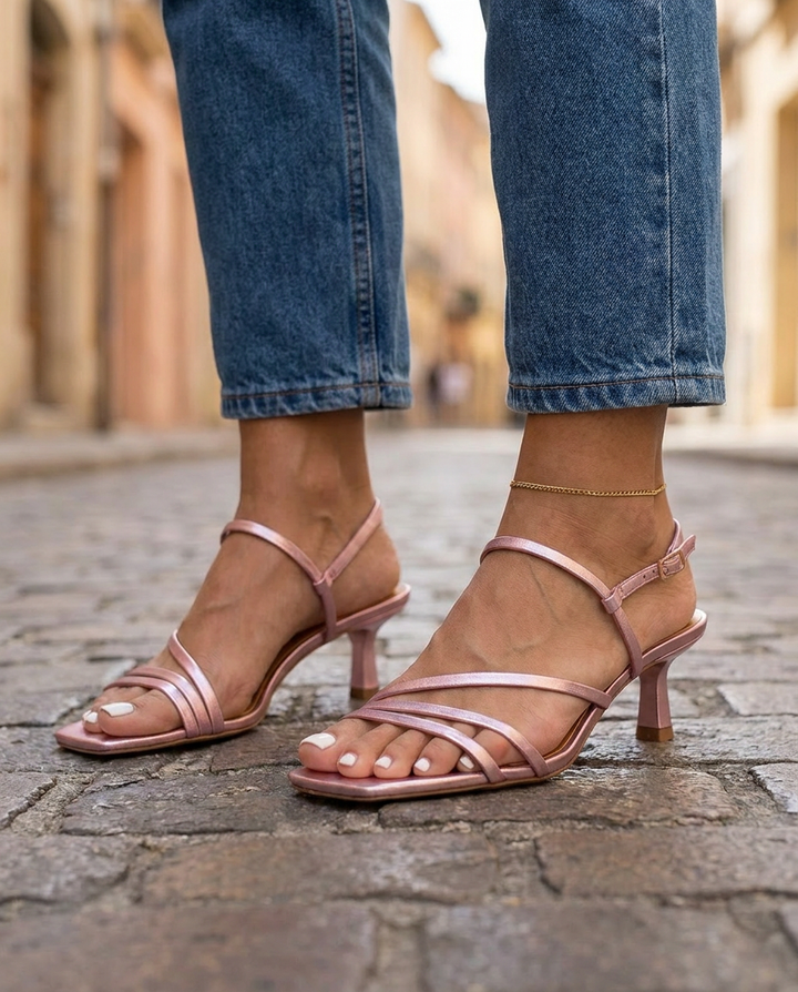 Rosé | Pink Metallic Strappy Kitten Heels — view 2