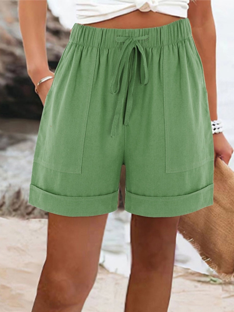 Ottavia | Green Lace Cotton Linen-Look Vacation Shorts