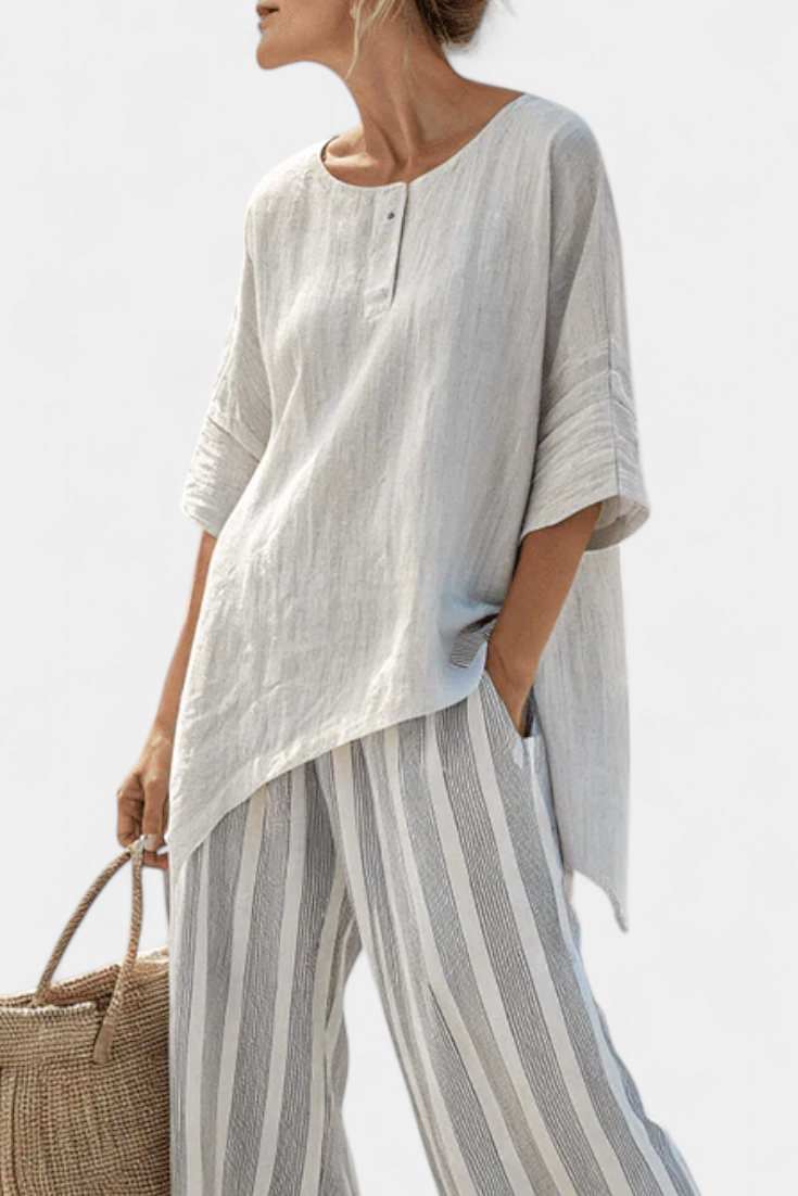 Elle | Elegant Asymmetric Blouse and Striped Trousers