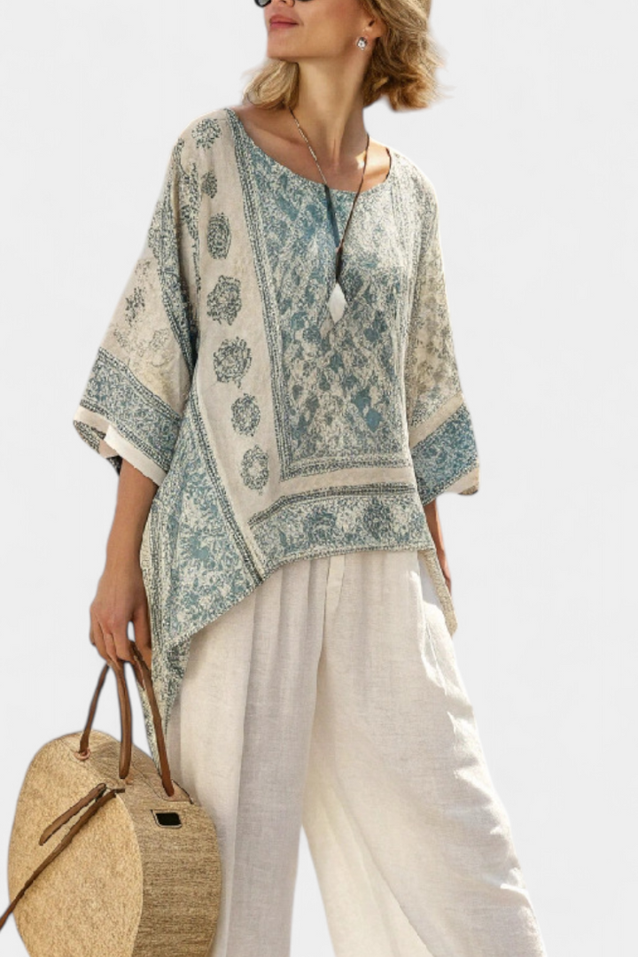 Annalisa | Comfortable Printed Blouse and White Wide-leg Trousers