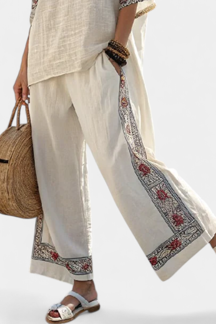 Amanda | Basic Embroidered Blouse and Wide-leg Trousers
