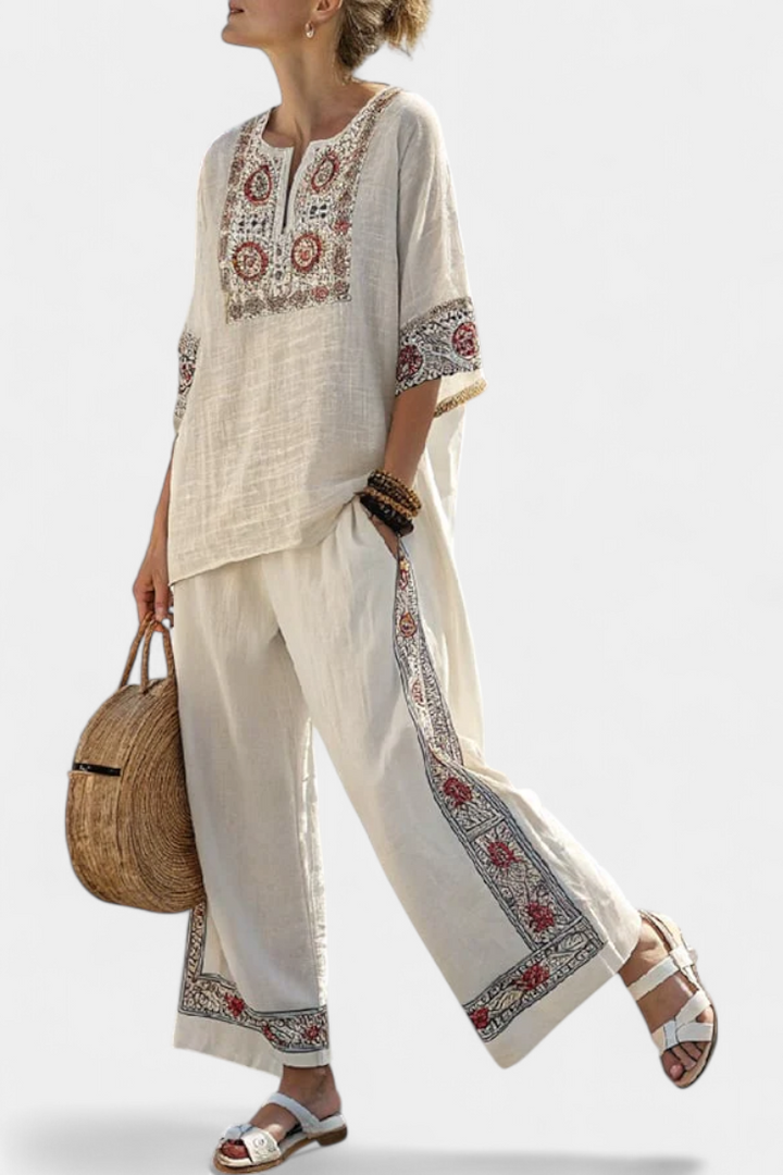 Amanda | Basic Embroidered Blouse and Wide-leg Trousers