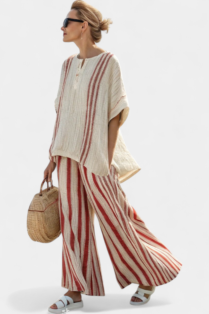 Sylvie | Red Striped Structured Top and Linen Trousers