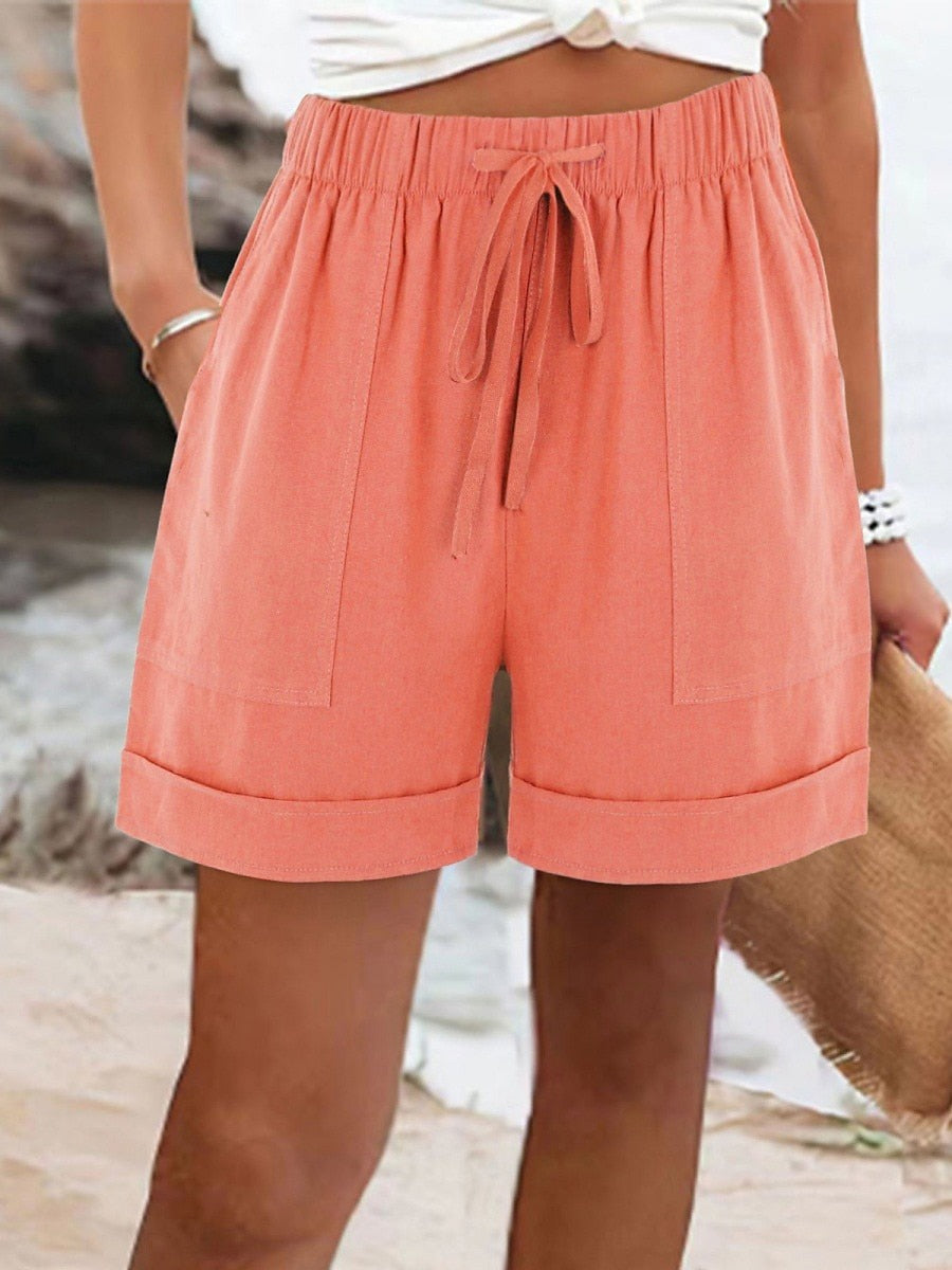 Cataleya | Pink Lace Cotton Linen-Look Vacation Shorts