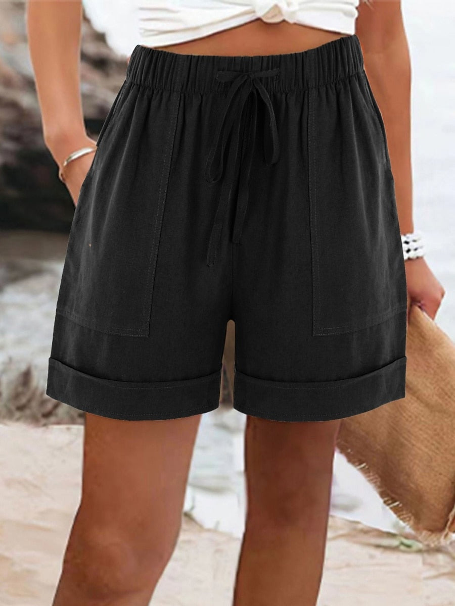 Vesper | Black Lace Cotton Linen-Look Vacation Shorts