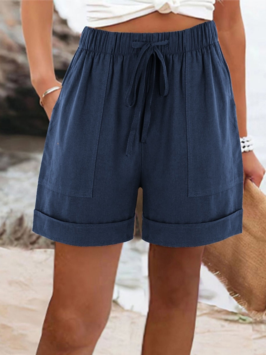 Miren | Blue Lace Cotton Linen-Look Vacation Shorts