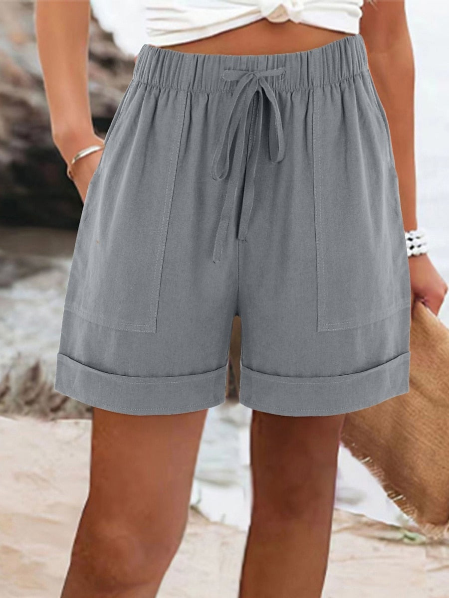 Sabina | Gray Lace Cotton Linen-Look Vacation Shorts